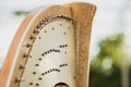 Detail of the strings and mast of a classic harp