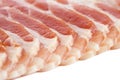 Detail of strips of streaky uncooked bacon.