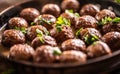 Detail of Swedish meatballs, kottbullar, in a pan topped with fresh parsley Royalty Free Stock Photo