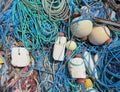 Detail of Tangle of old fishing ropes and polystyrene buoys. Ropes and buoys, Caribbean artisanal fishing tackle. Inshore sea Royalty Free Stock Photo