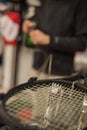 Detail of tennis racket in the stringing machine Royalty Free Stock Photo