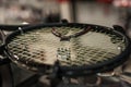 Detail of tennis racket in the stringing machine Royalty Free Stock Photo