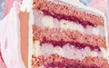 detail and texture of mousse raspberry jam and pink biscuit cake layer butter cream.grey background Royalty Free Stock Photo