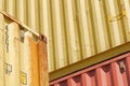 Detail of three steel shipping containers. Royalty Free Stock Photo