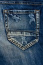 Detail of torn Blue denim, front view jean Royalty Free Stock Photo