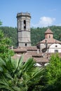 Detail of the tower of the church of the town of Rupit in Catalonia, Spain,