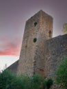 Detail of a Tower of the Outer Walls of the Medieval Village of Monteriggioni at sunset in Siena, Tuscany - Italy