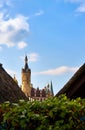 Detail of a tower from Schwerin Castle under a blue sky