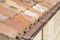 Detail of a traditional italian roof viewed from above made with terracotta roof tiles with copper gutter Royalty Free Stock Photo