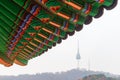 Detail of Traditional Korean Roof with The N Seoul Tower in the background Royalty Free Stock Photo