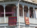 Traditional wood blue balcony to Tbilisi in  Georgia. Royalty Free Stock Photo