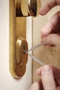 Detail of try to break into apartment with plastic lockpick blades Royalty Free Stock Photo