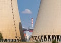 Detail of the twin cooling towers, nuclear power plant. Royalty Free Stock Photo