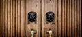 Sphinx heads entrance on wooden door Royalty Free Stock Photo