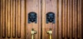 Sphinx heads entrance on wooden door Royalty Free Stock Photo