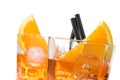 Detail of two glasses of spritz aperitif aperol cocktail with orange slices and ice cubes