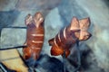 Detail of two grilling sausage over a fire in summer