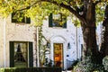 Detail of two story upscale white painted brick house with reflections of fall leaves in front door - Large tree in front with sun Royalty Free Stock Photo