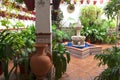 Detail of a typical Andalusian patio with a water fountain in the center and decorated with different types of plants and pots. Royalty Free Stock Photo