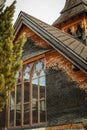 detail of typical mountain church in the village of Murren in Swiss alps on a cold winter day Royalty Free Stock Photo