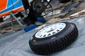 A detail of the tyre with studs used for the rally cars