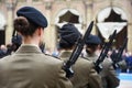 Detail with uniformed women standing during the military ceremony in Bologna