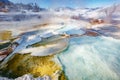 Detail on upper Mammoth Hot Springs with steamy terraces during winter snowy season in Yellowstone National Park, Wyoming