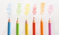 Detail of various colored pencils on white striped paper Royalty Free Stock Photo