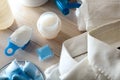 Detail of various types of chemical products for washing clothes Royalty Free Stock Photo