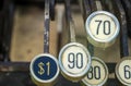 Close up of dollar and cent keys on an old cash register in 1921