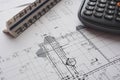 Detail view of architectural and structural construction drawings with designer tools. Royalty Free Stock Photo