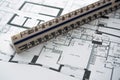 Detail view of architectural and structural construction drawings with designer tools. Royalty Free Stock Photo