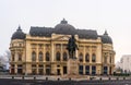 Detail view of the building of the Central University Library with equestrian monument to King Karol I in Bucharest, Romania, 2020