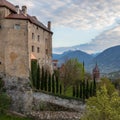 Detail view on Castle Schenna Scena near Meran during sunset. Schenna, Province Bolzano, South Tyrol, Italy