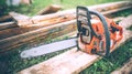 Detail view of chainsaw, construction tools, agriculture details. Gardening equipment