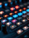 Detail View of DMX Lighting Controller With Glowing Buttons and Sliders in Dark Tech Setting Royalty Free Stock Photo