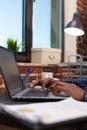 Detail view of entrepreneur hands working on marketing statistics charts typing on laptop