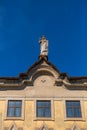 Detail view at the front facade pediment and cornice at the Vila Real Seminary