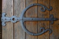 Detail view of medieval metallic ornate hinge on rustic wooden door