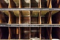 Detail view of an old Royal Mail letter sorting shelf, located on a mail train