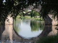 Detail view of the Roman stone bridge located in the Galician city of Monforte de Lemos Royalty Free Stock Photo