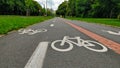 Detail view of sidewalk combined with cycleway marked with bicycle symbol going around the park on the right side