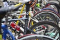 Detail of a Vintage Bike HandleBar with a Colorful Background Bokeh Made of Busy Traffic