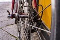 detail of vintage bike on stone paved road. gears Royalty Free Stock Photo