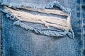 Detail of vintage blue denim jeans torn texture background Royalty Free Stock Photo