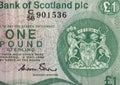 Detail of a vintage one pound bank note from Scotland. Royalty Free Stock Photo