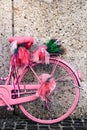 Detail of vintage pink and violet colored bicycle decorated with lavender flowers and lilac ribbons deco Royalty Free Stock Photo