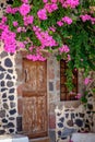 Detail Of Vintage Wooden Door And Colorful Flowers