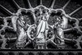 Detail of the Virgin with Child statue, in black and white, on the west facade of Notre Dame Cathedral Royalty Free Stock Photo