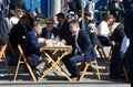 Detail on visitors seen at lunch time during MWC19 in Barcelona Royalty Free Stock Photo